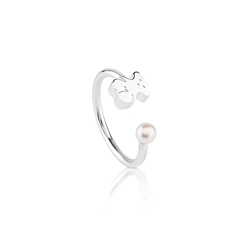 TOUS Anillo de Plata de Primera Ley para Mujer con Motivo de Oso y Perla, Perla de 0,4cm y Talla 13, Anillo Abierto y Versátil, Colección Sweet Dolls