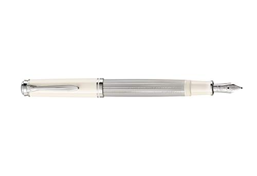 Pelikan 815420 Souverän M405 Pluma estilográfica de émbolo (punta fina, en caja plegable), color plateado y blanco