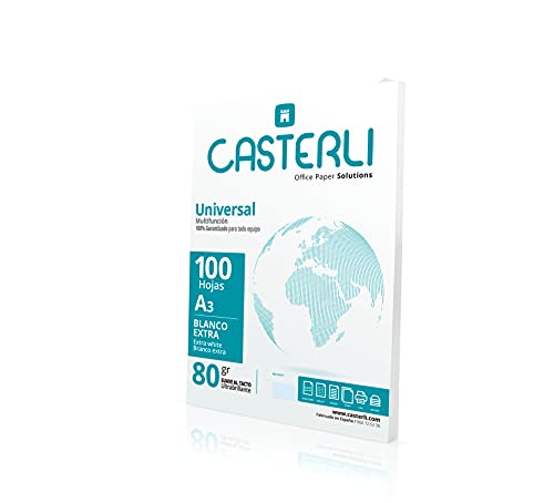 CASTERLI 81018 - Folios A3, Papel a3 100 Hojas Blancas. Tamaño A3, Papel de 80 gr, Extra blanca, Papel multiusos para impresora A3 80gsm (A3, 100 HOJAS)