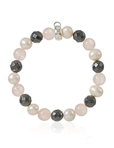 Thomas Sabo Pulsera de charms para mujer, pulsera de perlas de cultivo de agua dulce, cuarzo rosa y hematitas, plata de ley 925, X0188-581-7