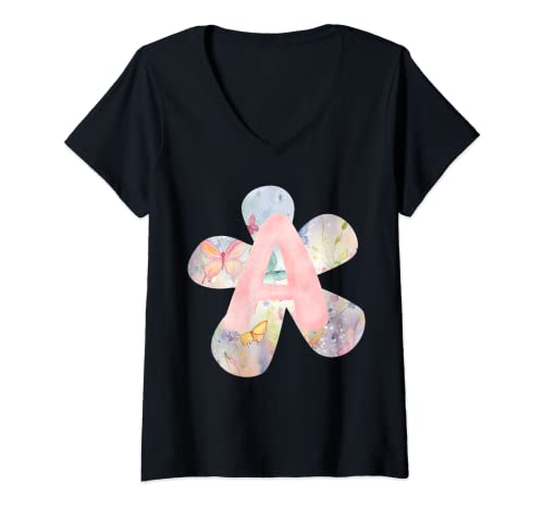 Mujer Acuarela letra A nombre inicial monograma flores silvestres primavera Camiseta Cuello V