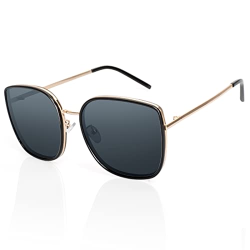 GOGELAS Gafas de sol de gran tamaño para las mujeres de moda cuadrada lente plana marco de metal (negro)