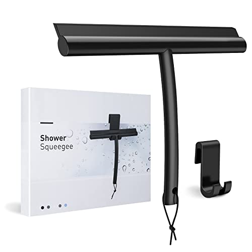 Rasqueta Limpiacristales, Negro Limpiacristales de Silicona con Gancho y Cordón de Silicona, 23,5 cm de Ancho Limpiador Mamparas para Duchas, Ventanas, Espejos, Ventanas de Coche, Vidrio, Azulejo