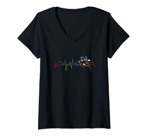 Mujer Paleta de pinceles de pintura con latido del corazón divertido artista pintor dibujo Camiseta Cuello V