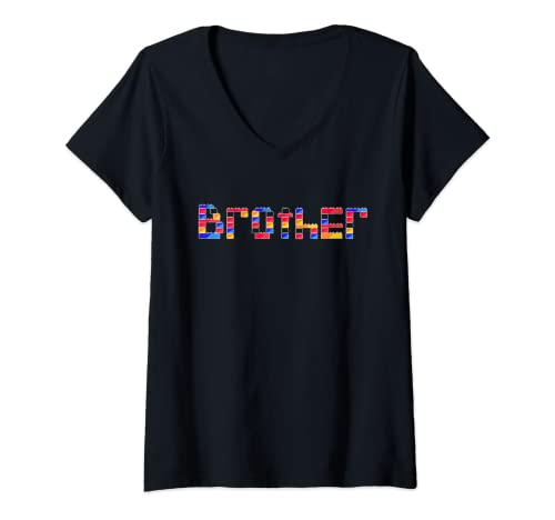 Mujer Dibujo a mano divertido constructor de ladrillos de bloque de hermano grande o pequeño Camiseta Cuello V