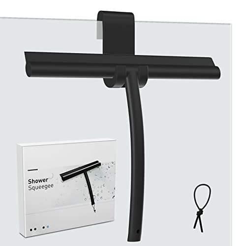 MOSUO Rasqueta Limpiacristales para Ducha, Limpia Mamparas Ducha Cristal Silicona con Gancho, Rasqueta Núcleo Acero INOX para Baño, Cristal, Puerta de Ducha, Espejo Rasurador de Ventana - Negro