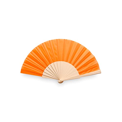 Deliex delicias de Extremadura. Abanico de madera y tela en color naranja. Abanico para invitadas en bodas, bautizos y comuniones, abanico para fiestas de verano (NARANJA)