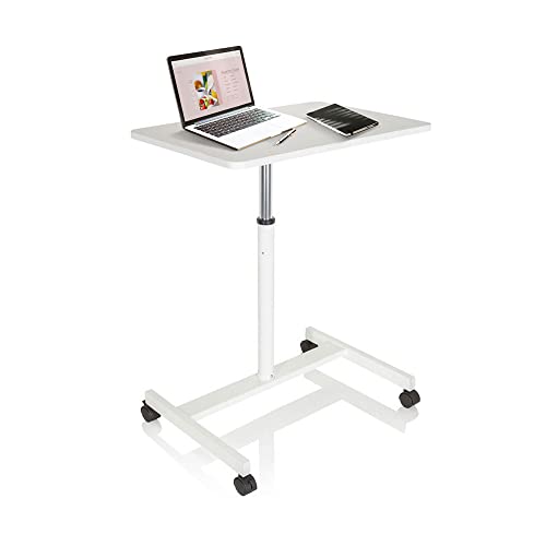 hjh OFFICE 802112 Escritorio de Pie Móvil para Ordenador Portátil VM-SU Blanco, Mesa de pie, Mesa Auxiliar, Soporte Laptop con Ruedas, Altura Regulable