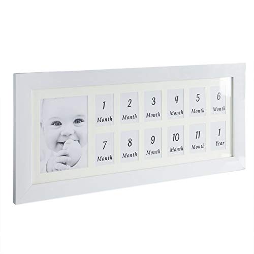 ROCKING GIFTS Marco de Fotos Grande Multiple Bebe 12 Meses, Primer Año, 65x30 cm Color Blanco, Marco de Madera