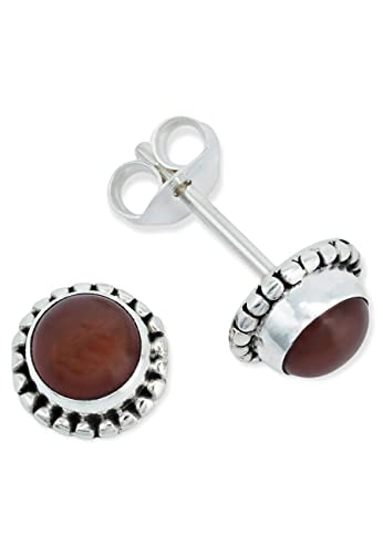 Pendientes de botón 925 Plata Cornalina rojo anaranjado Piedras preciosas aretes Plata real Señoras Regalo(MOS-025-16)