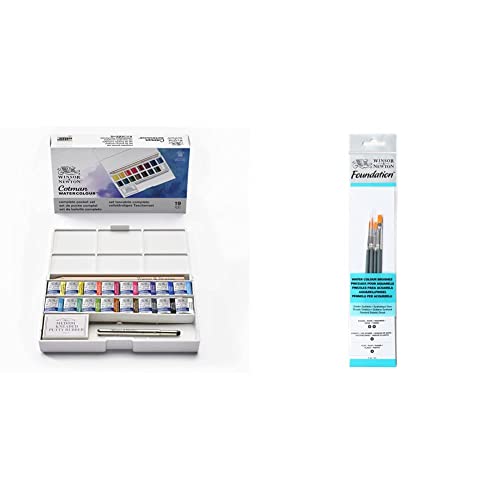 Winsor & Newton acuarela cotman caja de acuarela sketcher deluxe set de 16 medio godets, colores surtidos + Pinceles de Acuarela, Madera, Multicolor, 7 x 1 x 4.3 cm, 4 Unidades