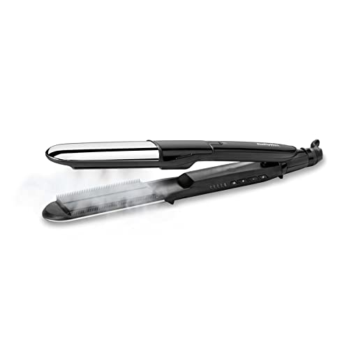 BaByliss Steam Pure ST495E Plancha de Pelo de Vapor, Máxima Hidratación, Placas Exteriores para Ondular, Función Alisa y Ondula, Tecnología Iónica, 5 Ajustes de Temp. de 150°C a 230°C, Cromo, Metálico
