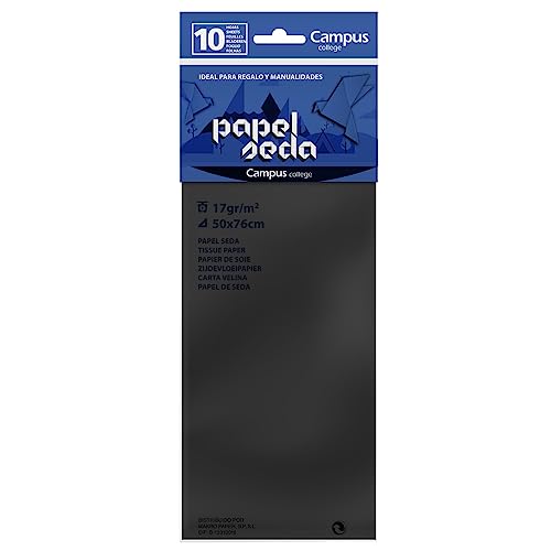 Campus College - Hojas Papel de Seda, 10 hojas de color Negro, Perfectas para Envolver Regalos, Producción Pompones y Flores, Manualidades, Papel de estraza Decoración (50 x 76 cm)