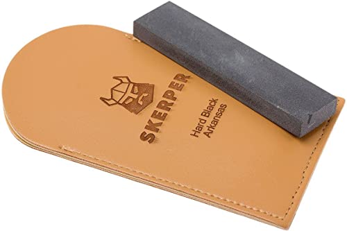 Skerper Arkansas Piedra de Afilar de Bolsillo NAPO20 Hard Black Arkansas en Estuche de Cuero Gris