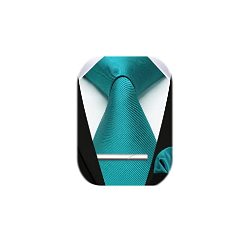HISDERN Corbata de boda de color sólido verde azulado y pañuelo de bolsillo, juego de clip de corbata clásico para hombres