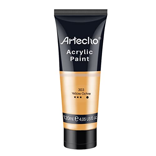Artecho Pinturas Acrilicas 120ml Ocre Amarillo, Impermeable y resistente a la luz, para Lienzos, Tela, Madera, Cristal, Piedras.