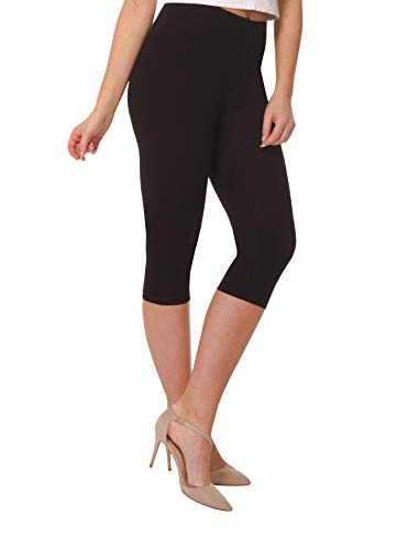 BeComfy Leggings para Mujer 3/4 Capri Opaco Polainas de Algodón Básico Negro Rojo Blanco Amarillo Azul Anaranjado Rosa Beige Marrón Gris (5XL, Negro)