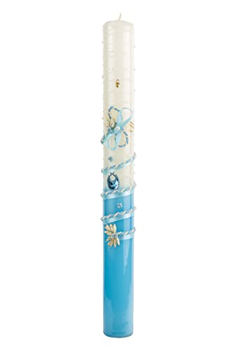 Vela de Bautismo en Forma Redonda con diseño único y acabado brillante. (Blue Bib)