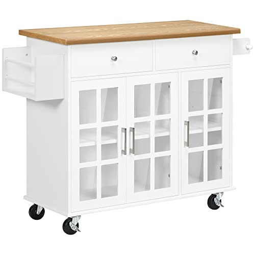 HOMCOM Carro de Cocina Isla de Cocina con Ruedas Multifuncional con 2 Cajones 3 Puertas de Vidrio Templado Toallero y Especiero 124,5x39,5x90 cm Blanco