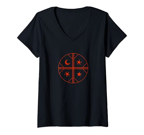 Mujer Kultrun Mapuche Chamán Tambor Diseño Sol Luna Estrella Simbología Camiseta Cuello V