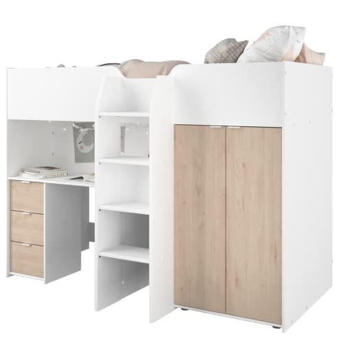 Cama Alta Funny con Escritorio y Armario en Color Roble Jackson y Blanco Mate Satinado Estilo nórdico