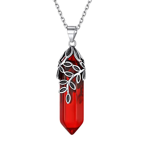 Colgante Precioso de Columna Hexagonal de Punta con Hojas de Olivo Joyería Moderna para Mujeres Cristales Transparentes de 12 Meses Cadena Fina 16 Pulgadas Choker Moderno Julio Rubí Rojo Anaranjado