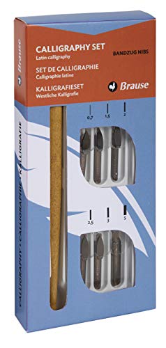 Brause 141B - Un set de calligraphie comprenant 6 plumes Bandzug (0,7 mm, 1,5 mm, 2 mm, 2,5 mm, 3 mm et 5mm), un porte-plume et une notice