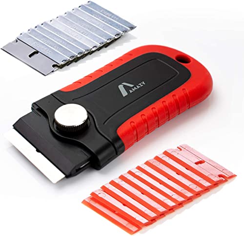 Amazy Rasqueta para vitrocerámica multiusos + 10 cuchillas acero + 10 cuchillas plástico – Rasqueta multiusos de vitrocerámica para plástico o cristal