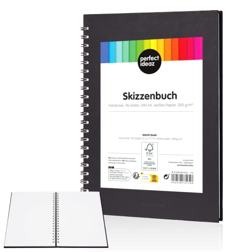 perfect ideaz Cuaderno de bocetos DIN A4, 96 páginas (48 hojas), dibujo profesional, tapa dura negra, encuadernado anillas en espiral con papel en blanco, 200 g, cuaderno negro en blanco para dibujar