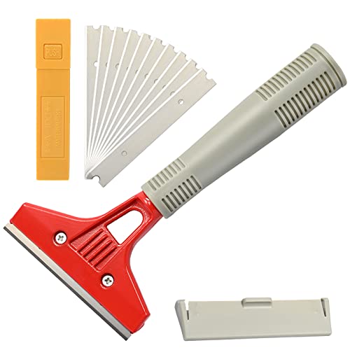 EHDIS Rasqueta con 10 Piezas Cuchillas, asa Larga Raspador y Rascavidrios Profesional para ventana de vidrio, Parabrisas, Granito, Limpieza de paredes Herramienta de mano, rojo