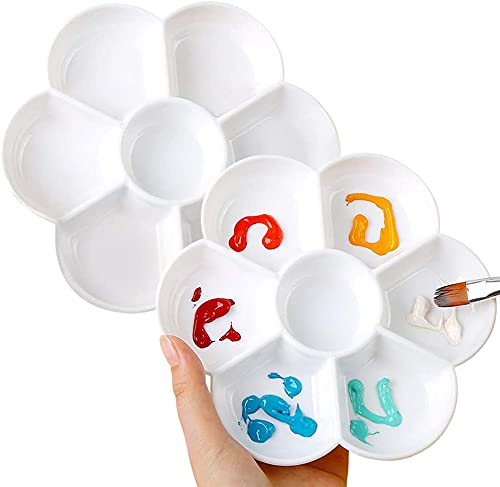 2 Piezas de Paleta Acuarela Paleta Pintura Plástico Redonda con 7 Pozos para Acuarela, Paleta de Pintura al óleo Antiadherente para Niños Adultos Artista óleo Acuarela - Diámetro -17cm, Blanca