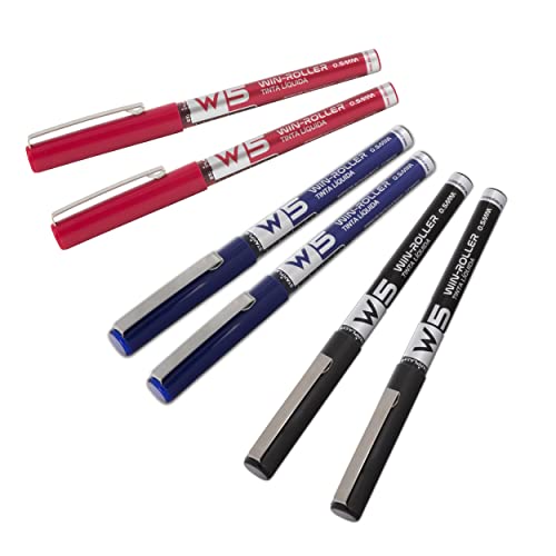 Starplast 6 BOLÍGRAFOS W5 TINTA LÍQUIDA Pigmento profesional, larga duración, punta fina 0.5mm para escribir - AZUL - NEGRO - ROJO