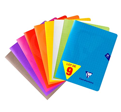 Clairefontaine 293751AMZC - Lote de 9 Cuadernos Grapados Mimesys - 17x22 cm - 48 Páginas Cuadrados Grandes - Papel cuadriculado blanco 90g, Cubierta de Polipropileno - Surtido de colores