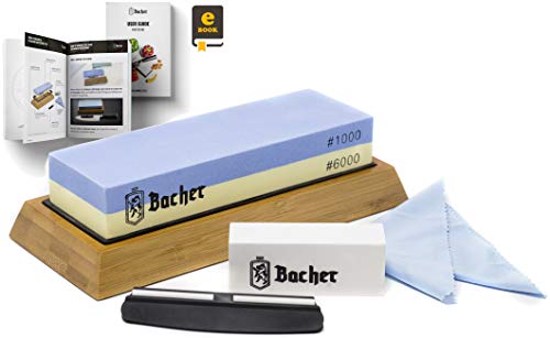 Bacher Piedra de Afilar Premium Marca 2 Lado Grano 1000/6000 Piedra afiladora- afilador de Cuchillos con Base de bambú Antideslizante, Piedra de aplanamiento, guía Angular y eBook de guía Detallada