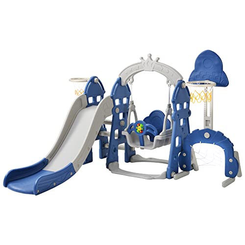Parque infantil 5 en 1, tobogán infantil para interior y exterior, tobogán multifuncional con canasta de baloncesto, portería de fútbol, columpio, torre de escalada, para niños de 2 a 8 años