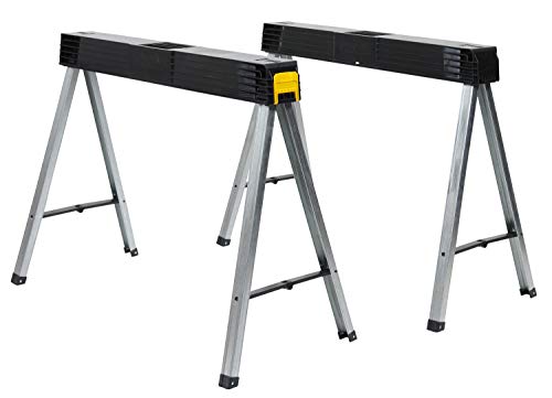 STANLEY 1-97-475 - Caballete plegable (x2), Soporta hasta 350 kg, Fácilmente desplegables, Pies de aluminio anticorrosión, Clips laterales, Compacto y ligero, Correa para el hombro