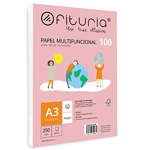 Paquete de folios A3 de 100gr con 250 Hojas Blancas, Papel Multifuncional para Uso Escolar y Entornos Laborales. Ideal con impresoras láser, de inyección o fotocopiadoras - Ofituria