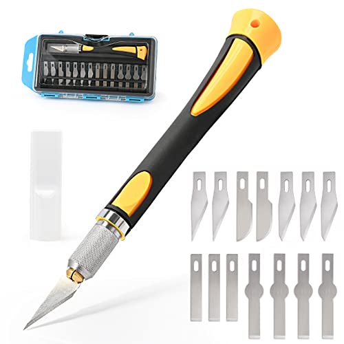 EHDIS Cuter Manualidades Set 15 Piezas, Kit De 1 Asas Y 14 Cuchillas De Repuesto, Bisturi Manualidades, Cutter Precision, Para Arte, Pasatiempos, álbumes de Recortes y Esculturas, Amarillo