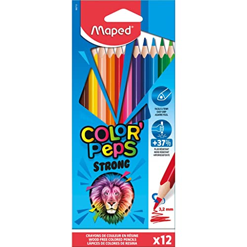 Maped - Pinturas de Madera - Lápices Strong de Colores - Pack de 12 Pinturas de Colores - Minas Ultra Resistentes - Agarre Ergonómico - Fáciles de Afilar
