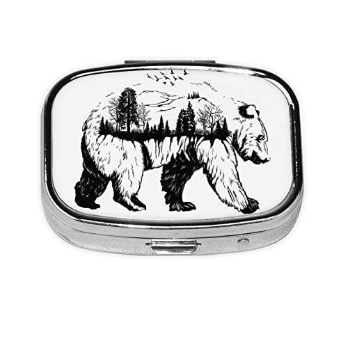 Pastillero cuadrado portátil con diseño de oso dibujado a mano, pequeño pastillero, mini pastillero, caja de almacenamiento de pastillas para viajes al aire libre