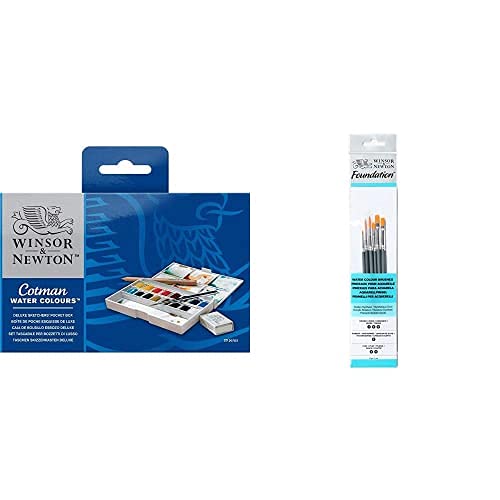 Winsor & Newton Acuarela Cotman - Caja De Acuarela Sketcher Deluxe - Set De 16 Medio Godets, Colores Surtidos + Pinceles De Acuarela, Madera, Multicolor, 7 X 1 X 4.3 Cm, 6 Unidades