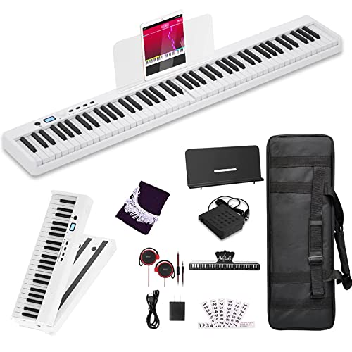 Piano plegable Piano eléctrico Teclado con soporte de tamaño completo Mejora madera grano sensible al tacto 88 teclas Piano digital con Bluetooth MIDI teclado de piano(blanco)