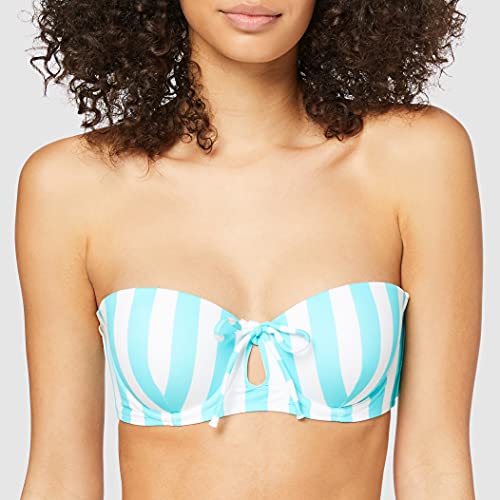 Iris & Lilly Top de Bikini Bandeau con Aros y Relleno Mujer, Verde Turquesa, Rayas, S