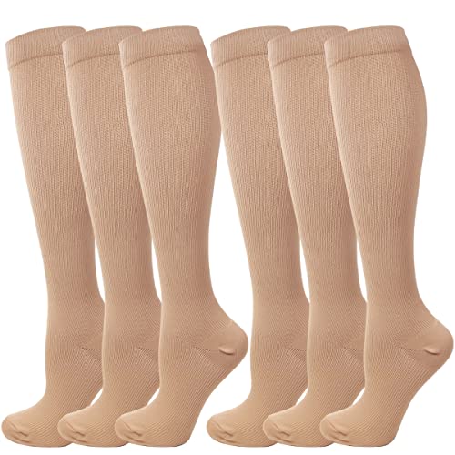Kuzimua 6 Pares Calcetines/Medias de Compresión para Hombres y Mujeres, Running, Deporte, Correr, Senderismo, Volar, Viajar, Varicosas, Embarazo y Médicos (Marrón, l)