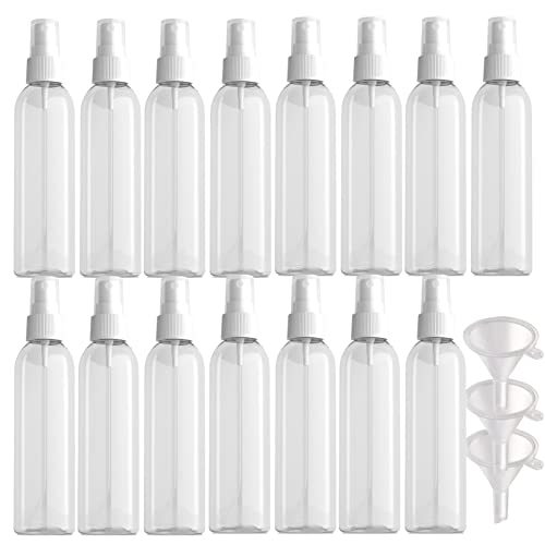 PQPAUTY 15 Piezas Pequeño 150ml Botella de Spray Plástico PET Vacías Transparentes con Bomba en Spray Blanco de Niebla Atomizador para Perfume Viaje Artículos de Agua Cosmético, 3 Pieza Embudo