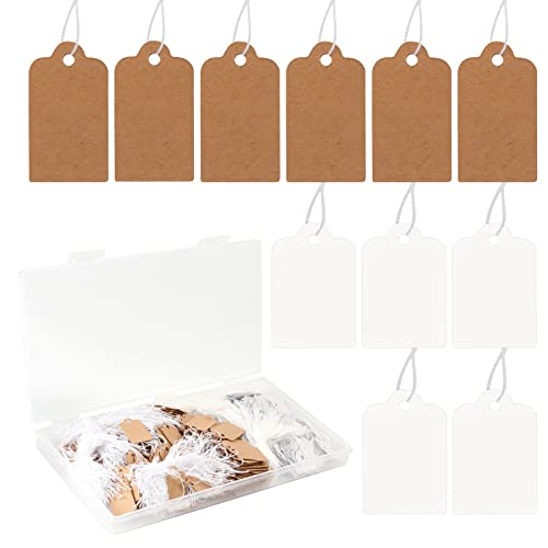 500 piezas Etiquetas Kraft Con Cuerda, 26 x 13 mm Etiquetas de Cartón en Blanco Etiquetas de Precio para Joyería Ropa Tienda Minorista (300 piezas Marrón, 200 piezas Blanco)