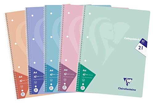 Clairefontaine 306256C – MIMESYS COLLEGEBLOCK A4 160P L PASTEL – PAQ DE 5