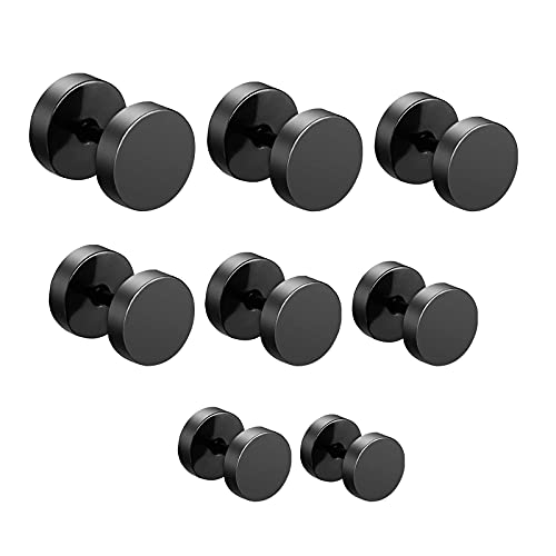 Zeayebsr 8 pares Pendientes Hip Hop Tapones Pendientes de Hombre Mujer Redondos de Acero Inoxidable Negros Pulidos Aretes Unisex 4mm/5mm/6mm/7mm/8mm/10mm/12mm