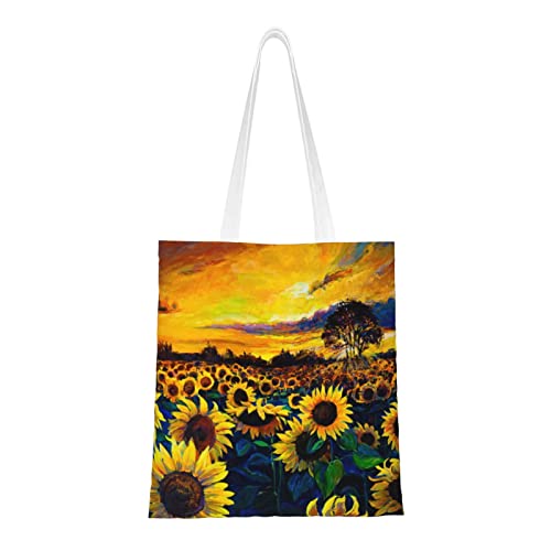 FJAUOQ Bolsas de lona de cerdo y flores para mujer, bolsas de comestibles reutilizables, bolsas de viaje para el trabajo, viajes, compras, Pintura al óleo Girasol, Talla única, Bolsa de lona y playa