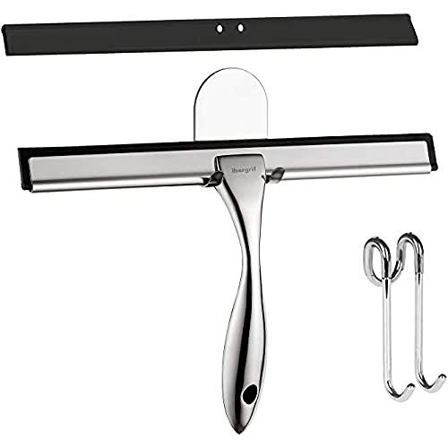 Ibergrif M34101 Rasqueta limpiacristales para Ducha y Mampara Profesional,1 Hoja de Silicona de Repuesto, Escobilla de Goma con Soporte de Montaje en Pared, 2 Ganchos Incluidos, Cromado